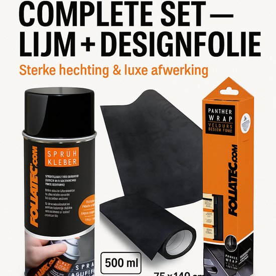 Film Foliatec Cockpit Design Panther Wrap Zwart 75 x 140 cm + Spray adhésif transparent 500 ml – Set de spray adhésif puissant – Convient pour films, habillages et intérieurs de voiture