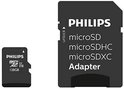 Philips microSD-kaart en adapter. De kaart is 128 GB. De adapter heeft de tekst 'unlock' en 'microSD microSDHC microSDXC Adapter'.