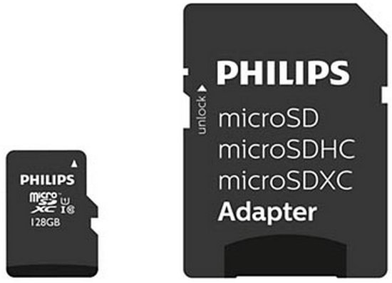 Philips microSD-kaart en adapter. De kaart is 128 GB. De adapter heeft de tekst 'unlock' en 'microSD microSDHC microSDXC Adapter'.