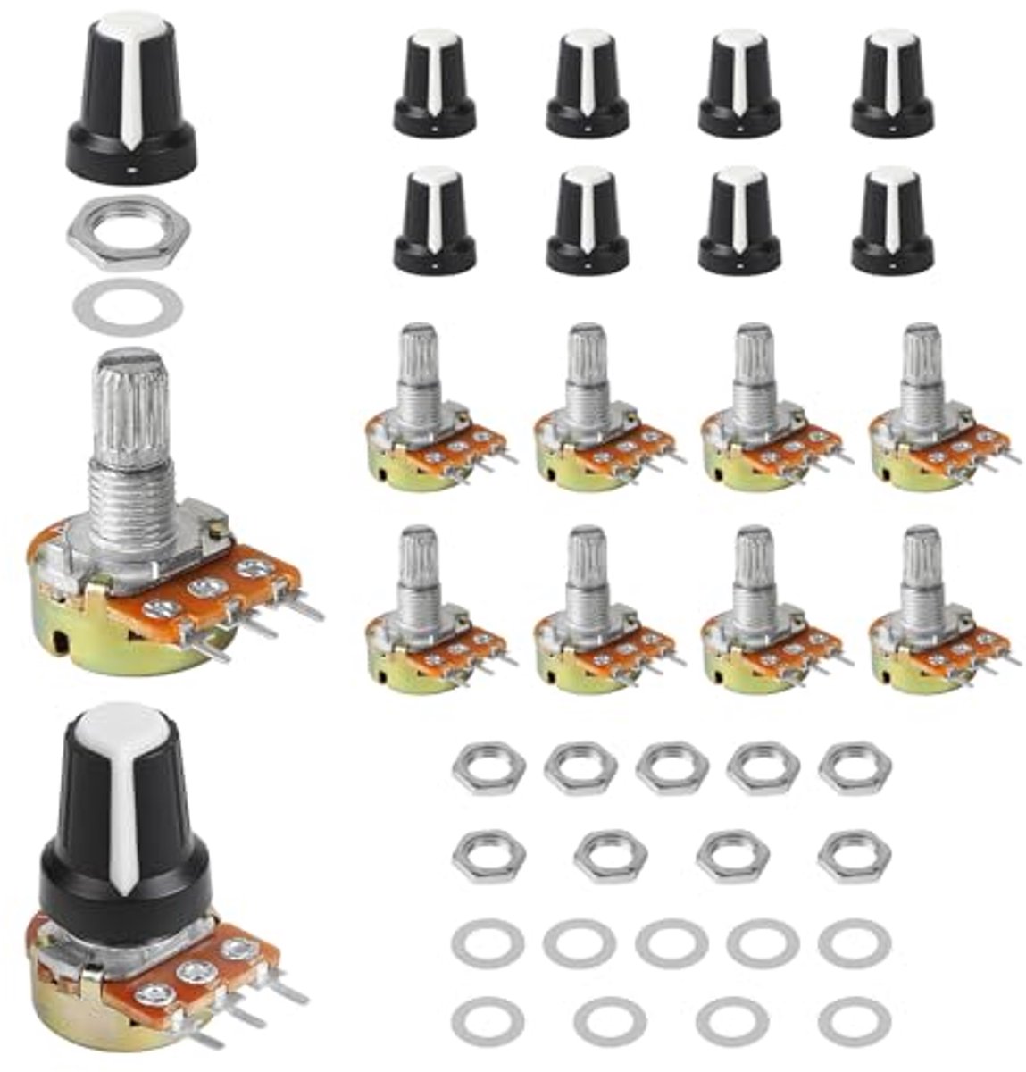 Draaipotentiometer Lineair met 10 Witte Knoppen - Verkrijgbaar in Diverse Weerstanden (1K-1M Ohm)