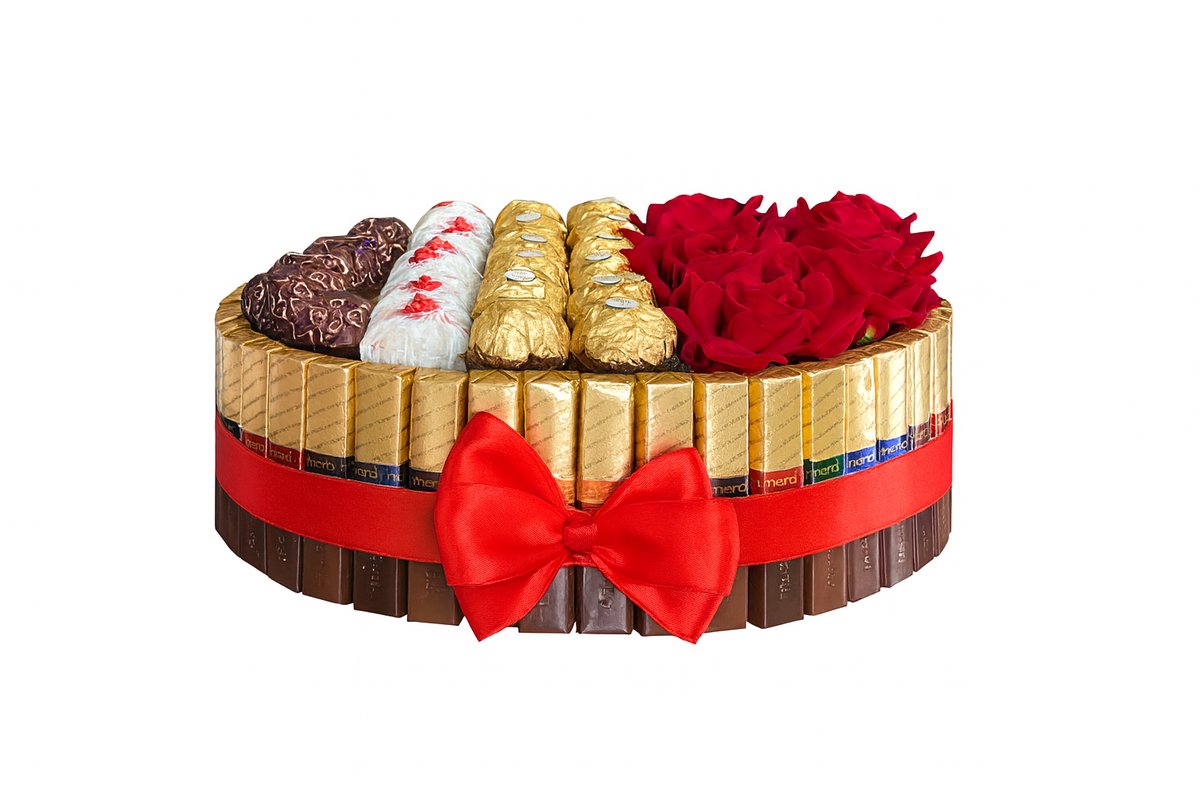 Luxe snoep cirkel chocolade mix met rode rozen - 24cm