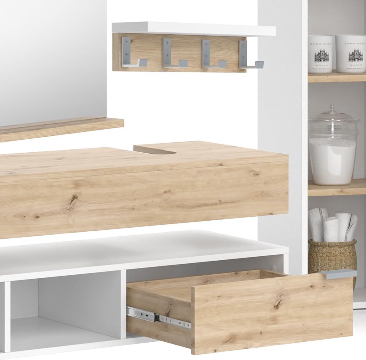 Luxe Badkamermeubel Set “Henri Deluxe” – Wit / Eiken Artisanaal – Inclusief Spiegel, Wandrek, Wastafelblad & Hoge Kast – Modern Hangend Badkamermeubel met Opbergruimte