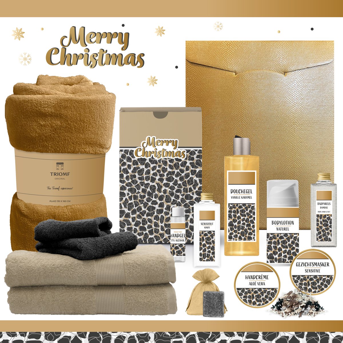 Geschenkset “Merry Christmas” - 13 producten - 1980 gram | Giftset voor haar - Luxe wellness cadeaubox - Cadeau vrouw - Gift Set Kerst - Geschenk Fijne Feestdagen - Kerstpakket - Cadeaupakket - Prettige Kerstdagen - Collega - Vriendin - Zwart Goud