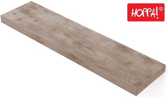 Grijze houten wandplank met subtiel houtnerfpatroon, met rood HOPPA! logo.