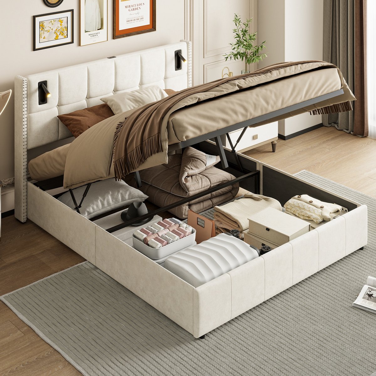 Gestoffeerd tweepersoonsbed 160x200 cm, Hydraulisch bed met opbergruimte en bedlade, Jeugdbed, Leeslamp hoofdeinde en rugleuning met klinknagelontwerp, Beige fluweel, Zonder matras (gesplitst voor 2 pakketten voor verzending)