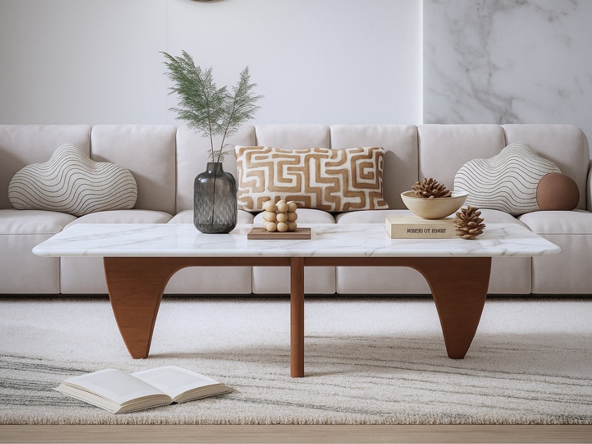 Salontafel Marmer - Walnoot Hout - Marmer blad Rechthoekig - Tafel - Coffee table - Koffietafel