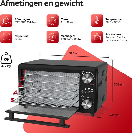 TurboTronic FD14 Voedseldroger - Droogoven - 14 Liter - Zwart