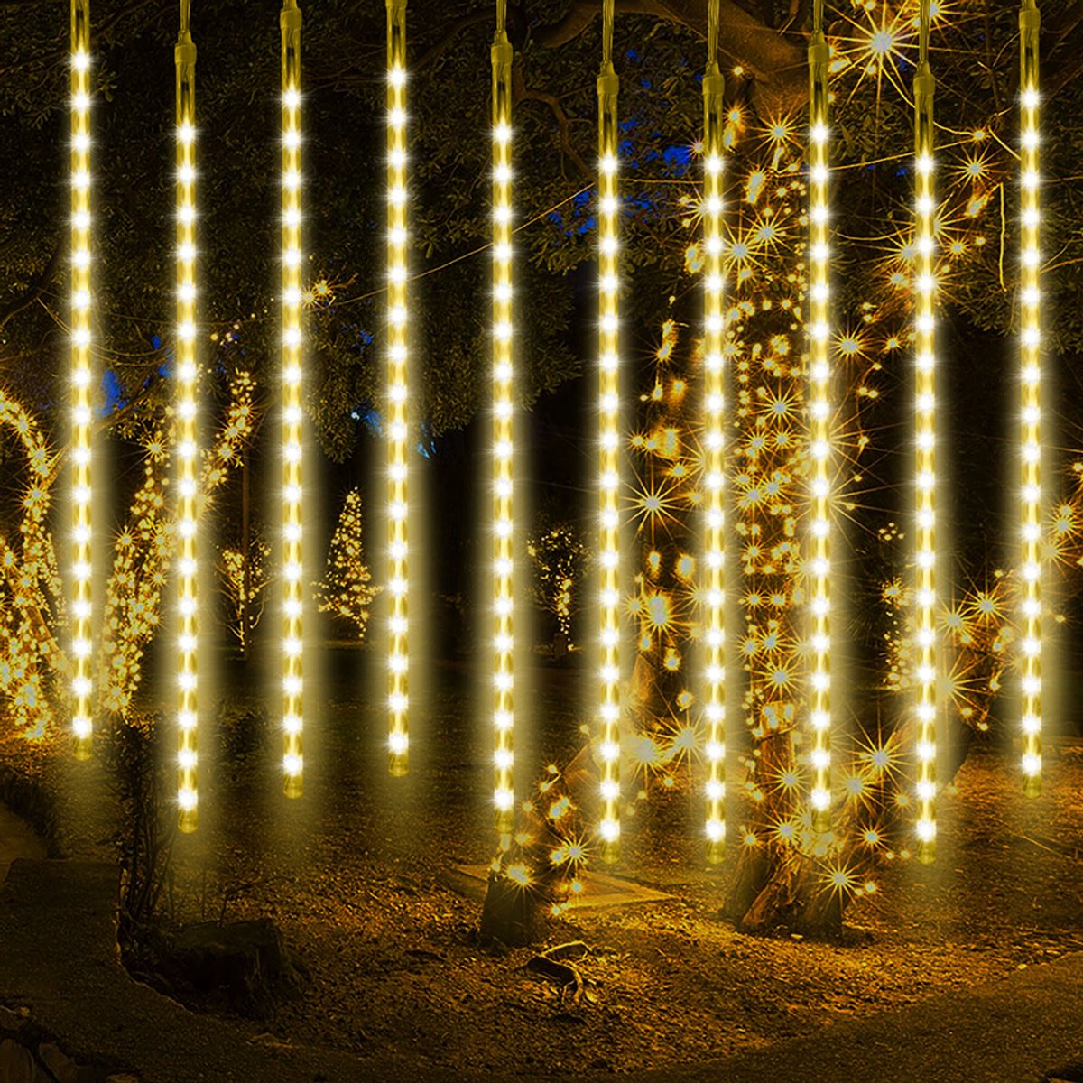 Rosnek Kerstverlichting Meteorenregen - Lichtgordijn 30CM Warm Wit - 192 LEDs, 8 Buizen, 2.4M - IP65 Waterdicht & Koppelbaar - Voor Feest, Bruiloft en Tuin