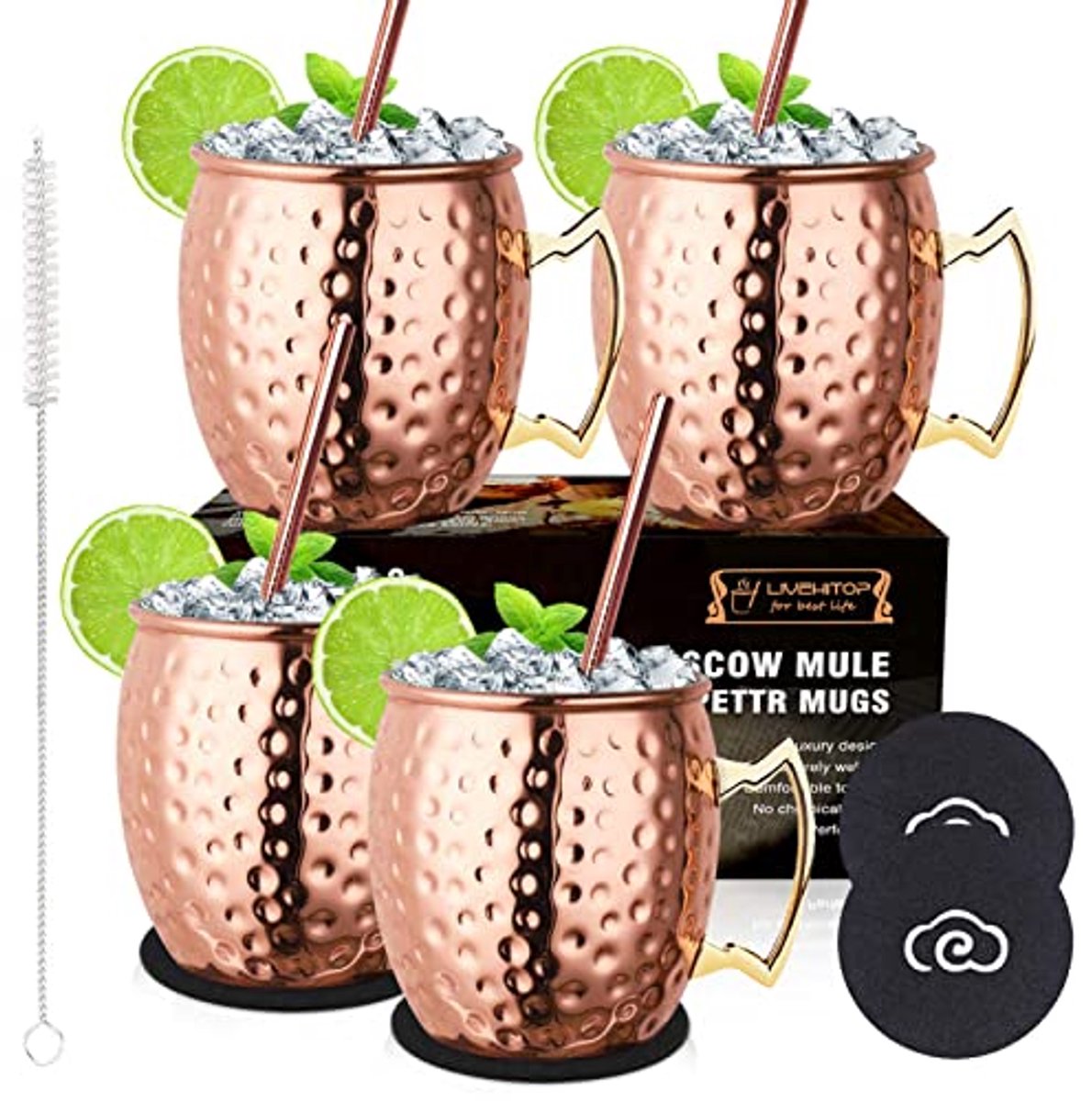 4-delige Moscow Mule Mokken Set - 19.5 Oz Handgemaakte Cocktailbeker voor Koud Drankje, Wijn, Bier - Perfect voor Thuis, Bar en Feestelijke Gelegenheden