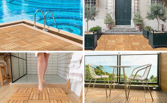 Yakimz Acaciahouten tegels 30 x 30 cm, anti-slip vloerbedekking, terrastegels, 10 m² vloerbedekking, drainage, kliksysteem, terras, balkon, tuin, bruin