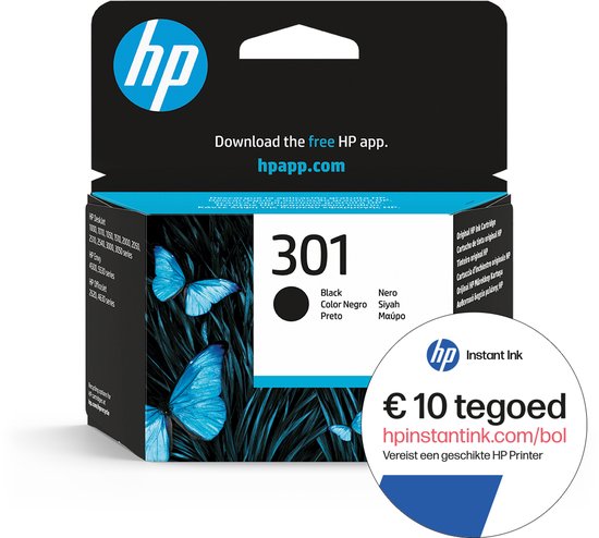 HP 301 inktcartridge met blauwe vlinders en teksten in verschillende talen. "€10 tegoed" in een cirkel.