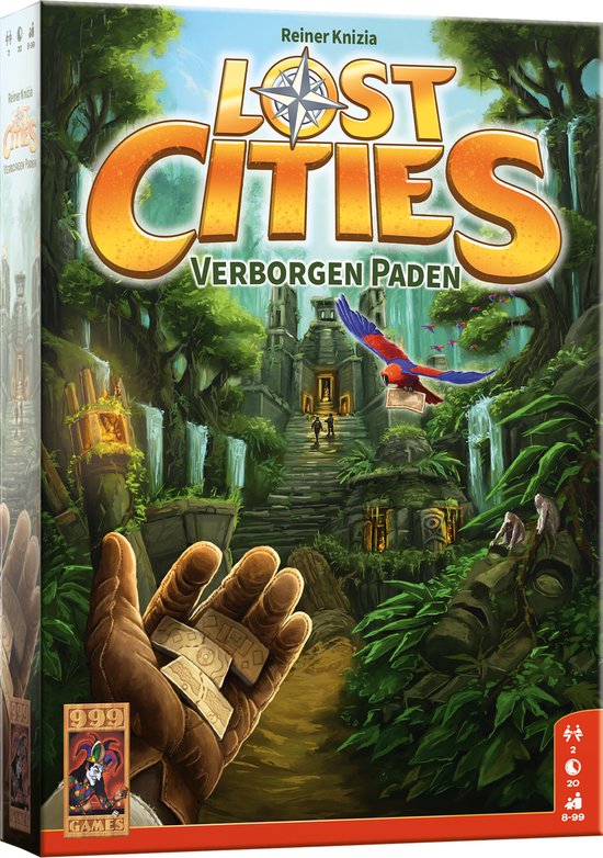 Doos van het bordspel Lost Cities: Verborgen Paden met een jungle landschap en een hand met gouden tegels.