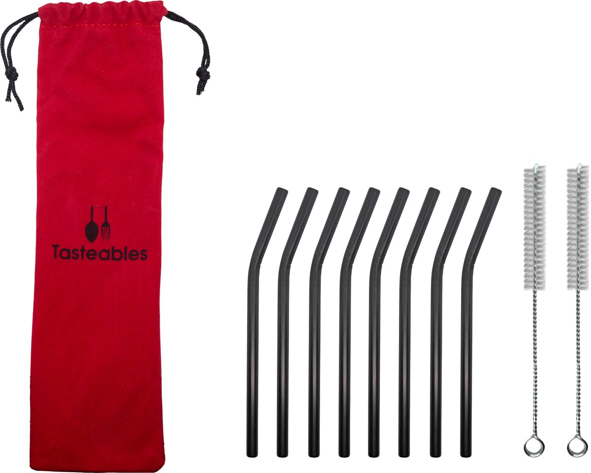RVS Rietjes Gebogen - Tasteables - Cocktail Rietjes - Set van 8 - Duurzaam - Herbruikbaar - Reinigingsborstel - 140mm lengte - Zwart