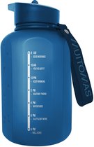 Blauwe drinkfles met "MUITOMAS" logo en tijdmarkeringen, op een witte achtergrond.