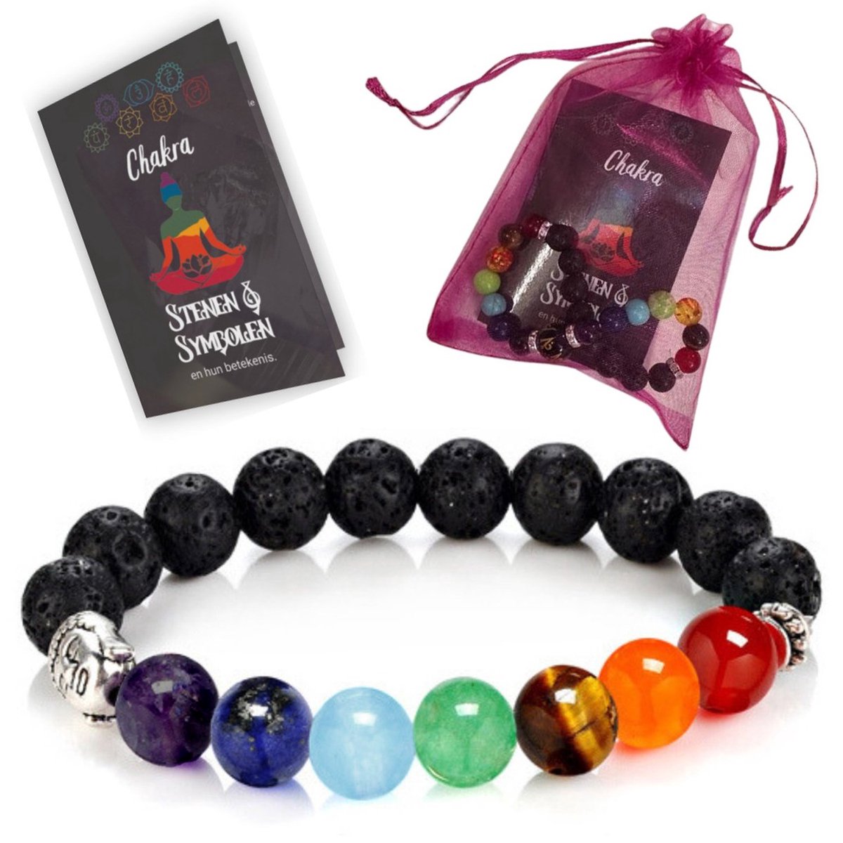 Armband dames met Vulkanisch gesteente, Chakra Edelstenen en Boeddha - 19CM - Inclusief uitleg