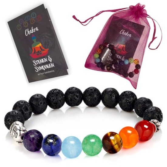 Bracelet femme avec pierre volcanique, pierres précieuses chakra et Bouddha - 19CM