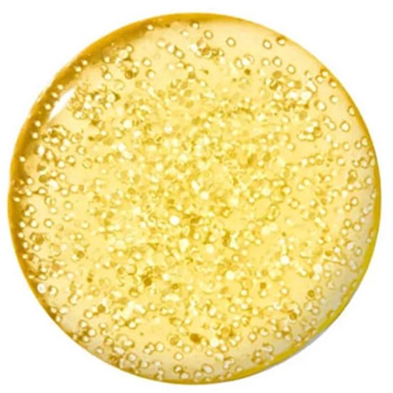 Abstracte gouden vloeistof met kleine bubbels en glitters, op een witte achtergrond.
