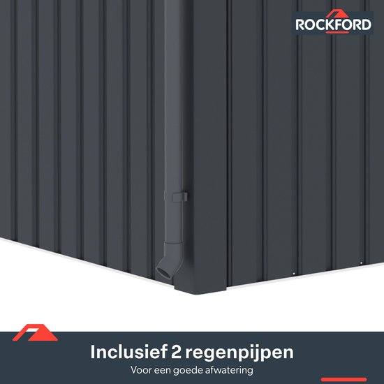 Rockford Porto 200 metalen tuinhuis met lessenaarsdak - Tuinschuur met centraal slot, polycarbonaat ramen en regenpijpen - 232 x 254 cm - Antraciet