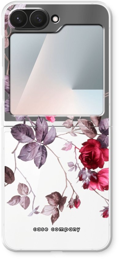 Zwart-wit telefoonhoesje met een bloemenprint, opengeklapt.