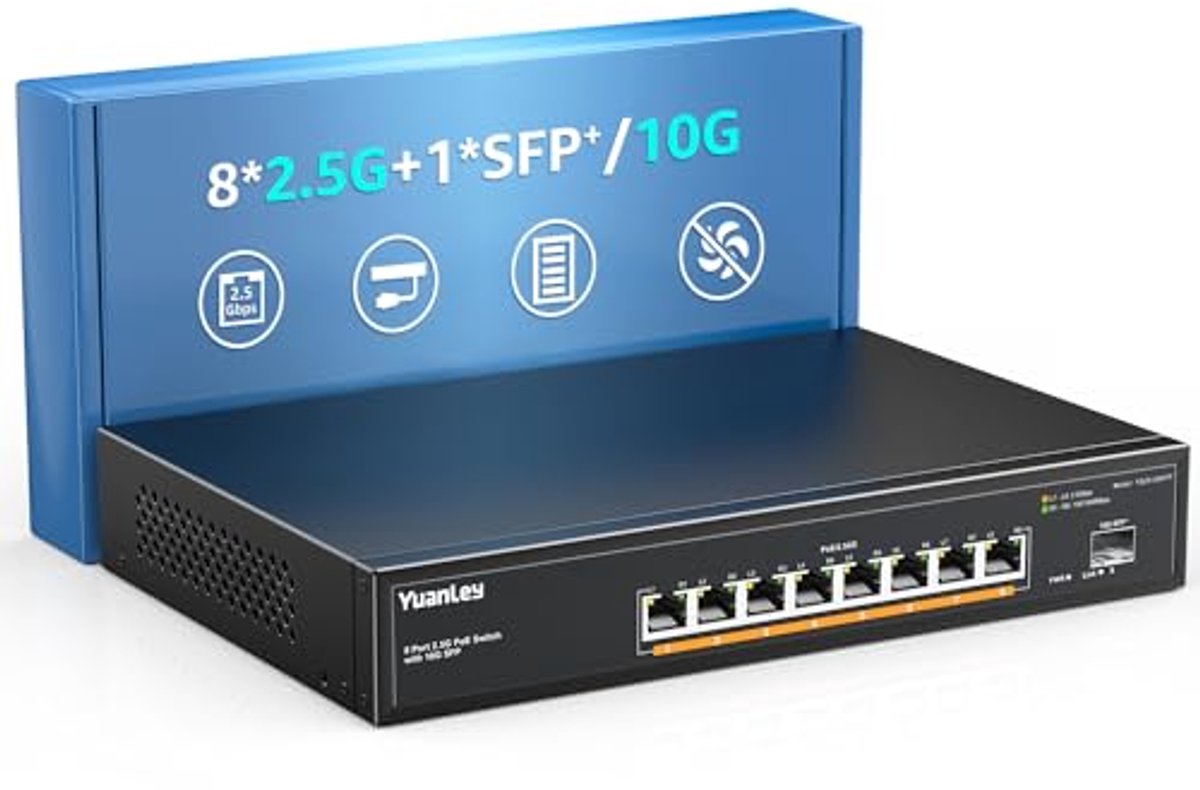 9-poorts 2.5G PoE-switch met 8 PoE-poorten en 10G SFP - Ventilatorloos, Desktop/Rack Mount