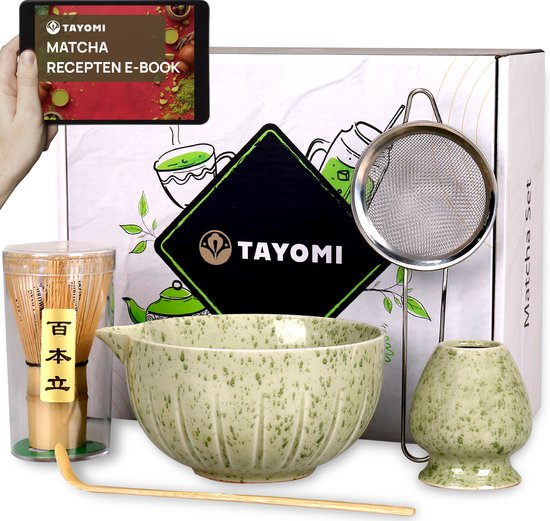 Tayomi Matcha Set van 5 – Complete Matcha Thee Set Met Klopper Whisk, Kom en Zeefje – Inclusief Recepten E-book – Matcha Leaf – Cadeauverpakking