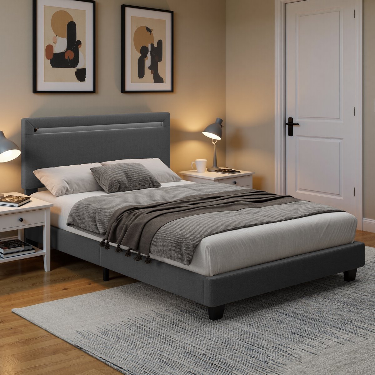 Xbro Gestoffeerd Bed 120 x 200 cm – met Bedhoofdbord LED-Verlichting – Tweepersoonsbed met Hoofdbord en Lattenbodem – Grijs