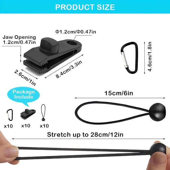 30 stuks zeil clip set - Zeilklemmen - klemmen - doekklem - voor Tarpaulins, Kamperen, Caravans, Picknicks - Zeilclips - Zeilringen - Tentklemmen - Doekklem Quick clip - kogelzeilbevestigingsclips - karabijnhaken voor luifels — afbeelding 4