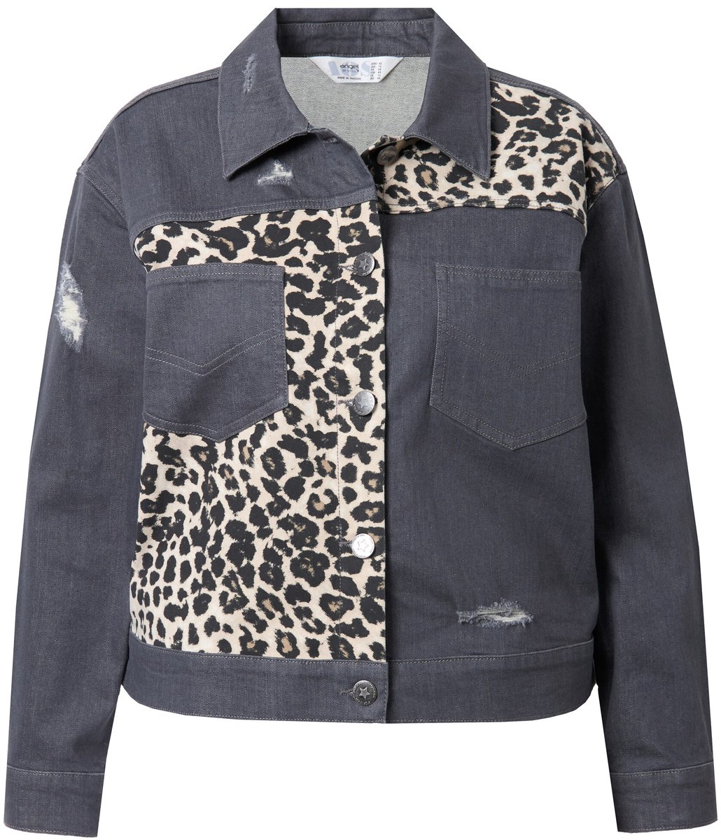 Angel of Style - Dames - Denim jasje oversized luipaard-inzetstukken destroyed - Grijs denim - Maat 42