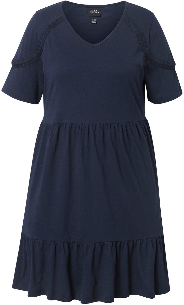 Ulla Popken - Dames - Jersey jurk sierband A-lijn V-hals korte mouw - Marine - Maat 46+