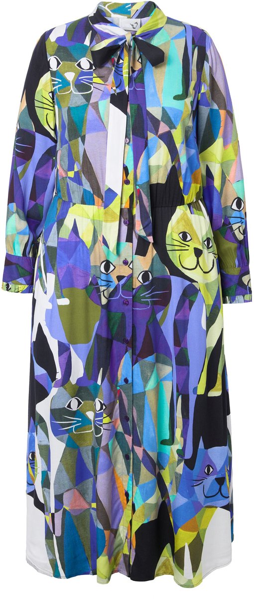Ulla Popken Dames - Maxi-jurk A-lijn V-hals strik lange mouwen - Purper - Maat 54+