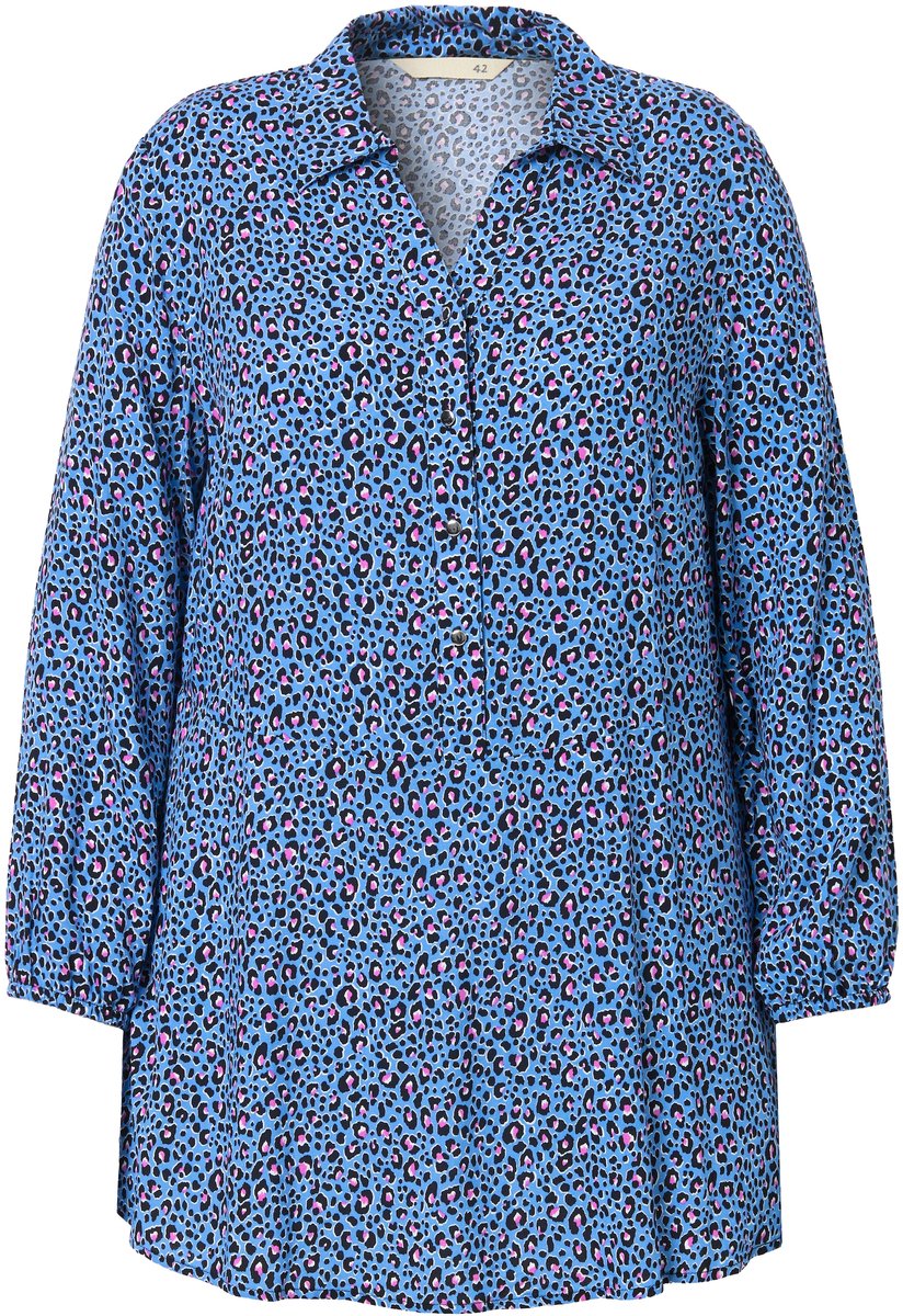 MIAMODA - Dames - Blouse A-lijn luipaard-motief volant aan de zoom lange mouw - Staalblauw - Maat 42