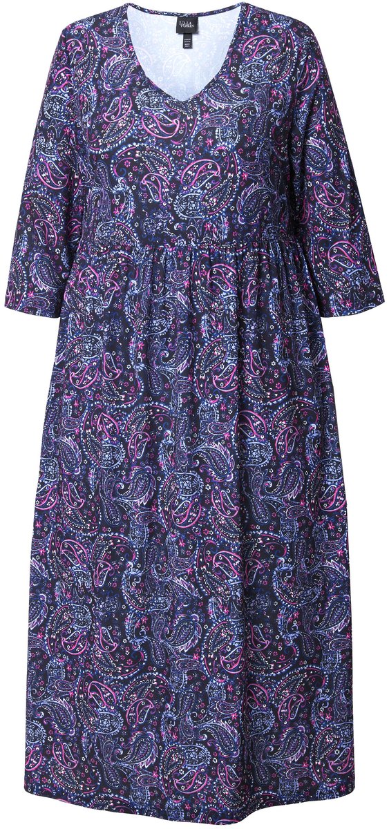 Ulla Popken Dames - Jersey jurk A-lijn V-hals 3/4-mouw - Zwart - Maat 58+