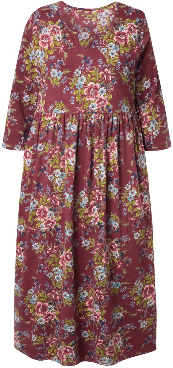 Ulla Popken Dames - Jersey maxi-jurk bloemen A-lijn tuniekhals 3/4-mouwen - Bordeaux - Maat 50+