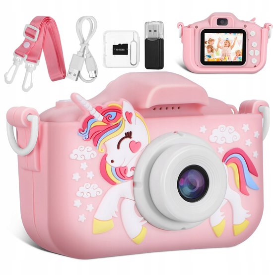 Roze digitale camera met eenhoorn design, met USB-kabel, draagkoord, 64GB kaart en USB-stick. Het scherm toont feestende kinderen.