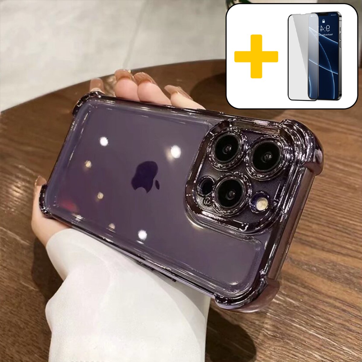 Bumper Hoesje voor iPhone 14 Pro, Schokabsorptie Transparante Case, Valbeveiliging Dunne Beschermhoes, Paars - Screenprotector