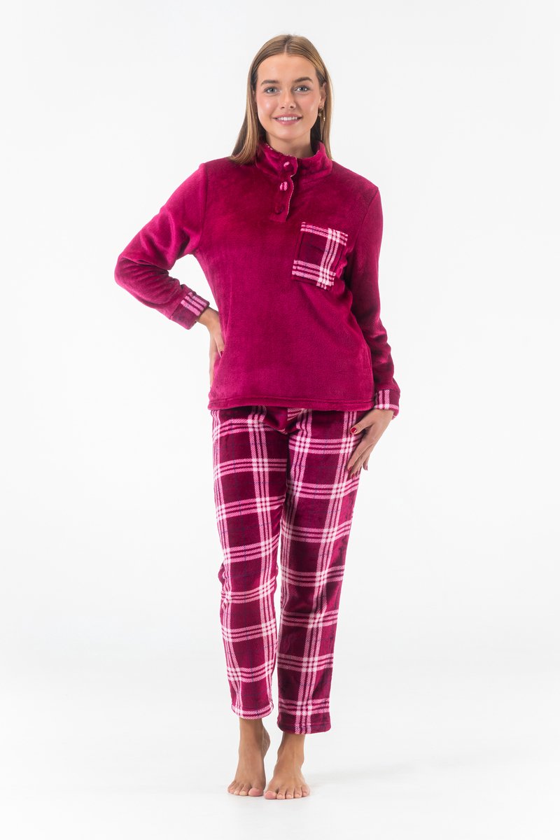 Dames Fleece Huispak en Pyjama - Hoge Kraag met Knopen - Tartan Style - Superzacht Fleece - Fuchsia - 2504 - Maat S