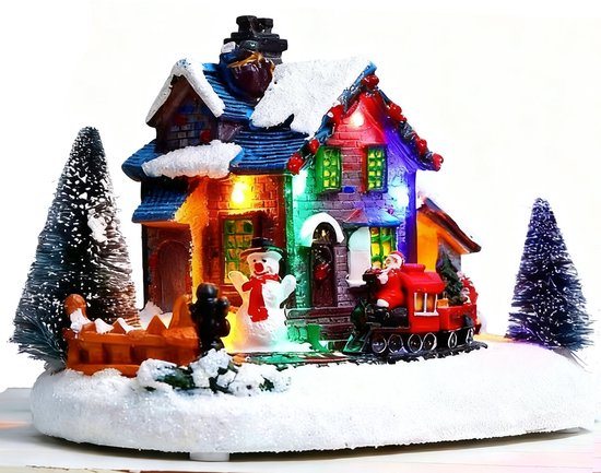 Kersthuisjes-Kersthuisjes met verlichting-kerstversiering-Kerstdorpscène met LED-verlichting - Kerstman Kerst Sneeuwhuis Ornament - Hars - Voor Open Haard, Vensterbank-wit