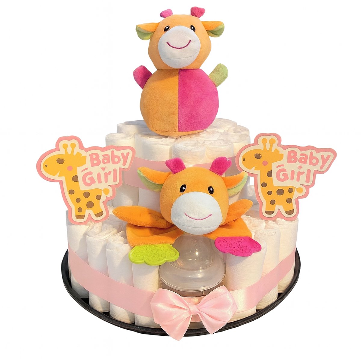 Pampertaart Giraf – Baby Girl – Handgemaakt Kraamcadeau met Knuffels en Flesje