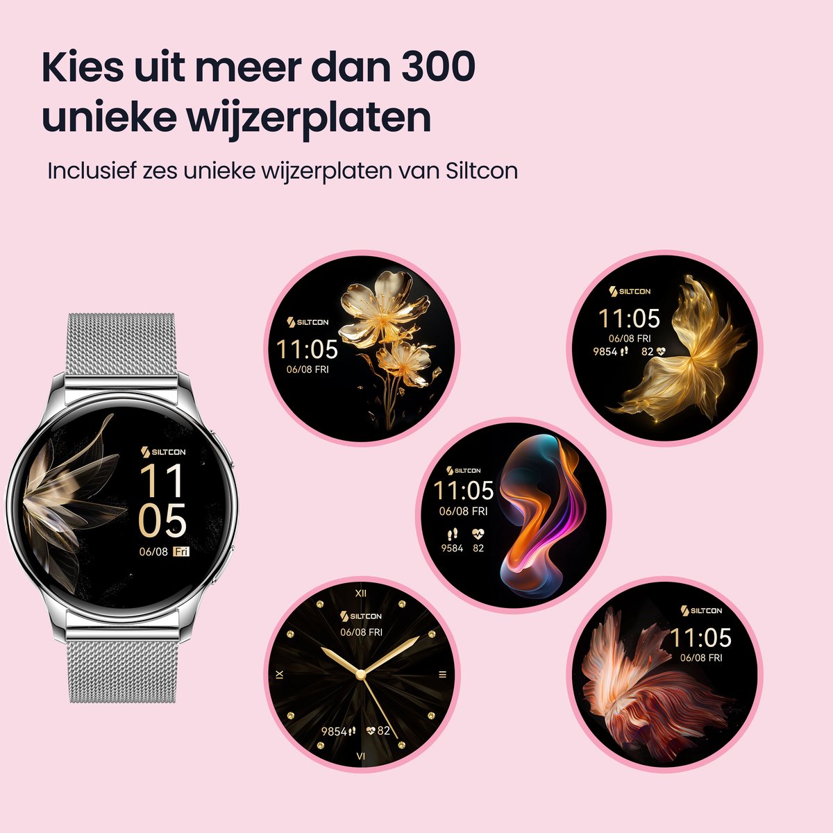 Siltcon® Auréa Smartwatch Dames & Heren - Horloge Dames - Stappenteller Horloge Dames - Hartslagmeter - Slaapmonitor - Saturatiemeter - Geschikt voor iOS/Android - AMOLED - RVS - Elke pols - Incl. 5 Bandjes – foto 8
