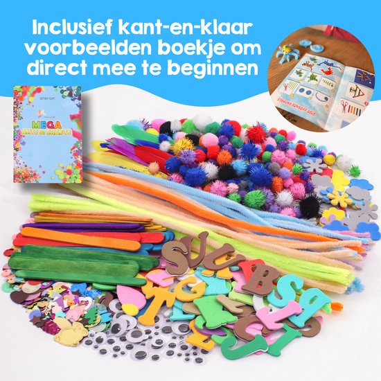 Knutseldoos vol met pompons, veren, chenilledraad, foamletters, wiebelogen, pailletten en knutselboekje.