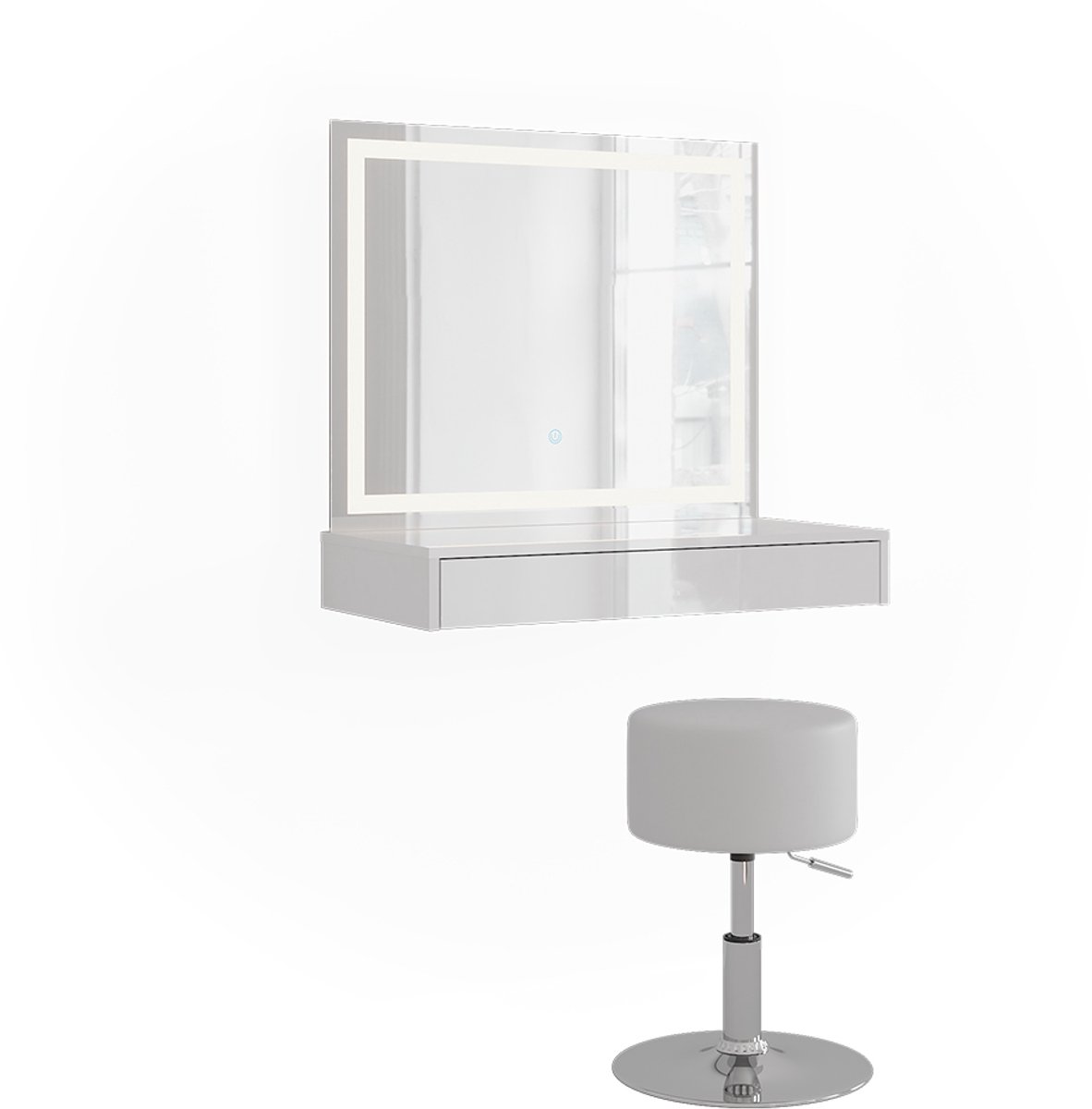 Vicco Kaptafel set met kruk Sherry, Wit/Wit Hoogglans, 80 cm met LED-spiegel en kruk