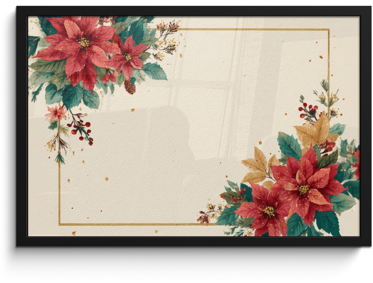 FrameYourWall Poster in lijst - Fotolijst 60x40 cm - Posters - Kerst - Pointia - Omlijsting - Kleurrijk - Posterlijst zwart - Decoratie - Wanddecoratie woonkamer - Muurdecoratie slaapkamer - Kerstversiering - Kerstdecoratie voor binnen - Kerstmis Kerst - Poinsettia - Omlijsting - Kleurrijk