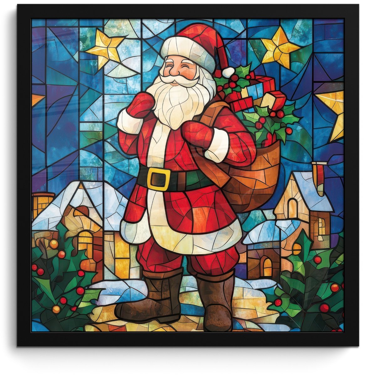 FrameYourWall Poster in lijst - Fotolijst 40x40 cm - Posters - Kerstman - Glas - Kleurrijk - Posterlijst zwart - Decoratie - Wanddecoratie woonkamer - Muurdecoratie slaapkamer - Kerstversiering - Kerstdecoratie voor binnen - Kerstmis