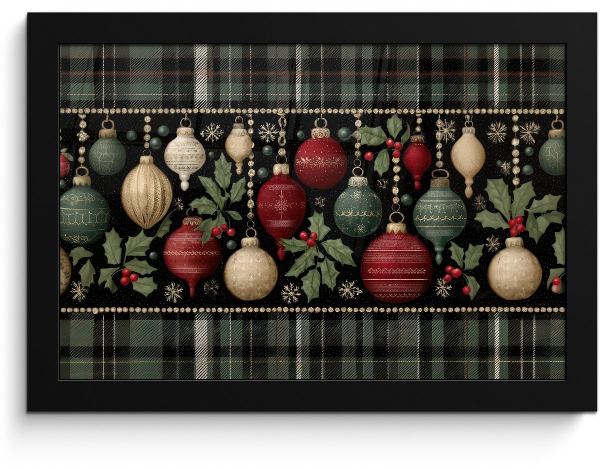 FrameYourWall Poster in lijst - Fotolijst 30x20 cm - Posters - Kerstballen - Rood - Hulsttakken - Patroon - Posterlijst zwart - Decoratie - Wanddecoratie woonkamer - Muurdecoratie slaapkamer - Kerstversiering - Kerstdecoratie voor binnen - Kerstmis
