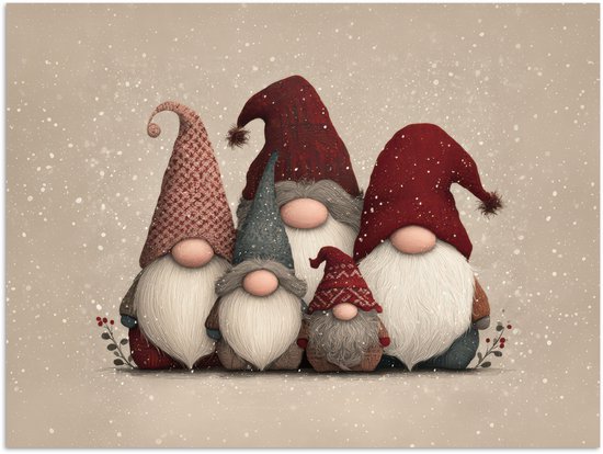 Poster 120x90 cm - Kabouters - Kerst - Sneeuw - Puntmutsen - Posters - Kamer decoratie - Wanddecoratie woonkamer - Muurdecoratie slaapkamer - Kerstversiering - Kerstdecoratie voor binnen - Kerstmis