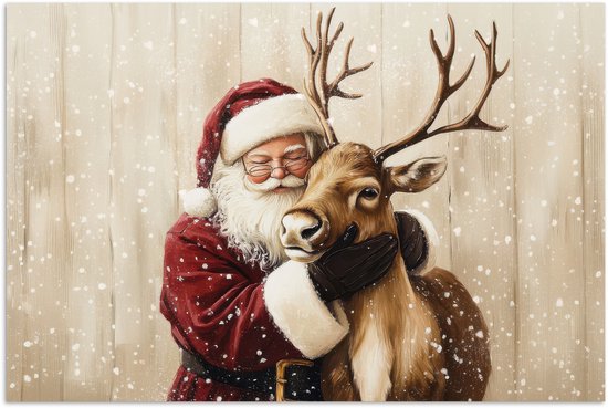 Poster 30x20 cm - Kerstman - Rendier - Sneeuw - Kleurrijk - Posters - Kamer decoratie - Wanddecoratie woonkamer - Muurdecoratie slaapkamer - Kerstversiering - Kerstdecoratie voor binnen - Kerstmis
