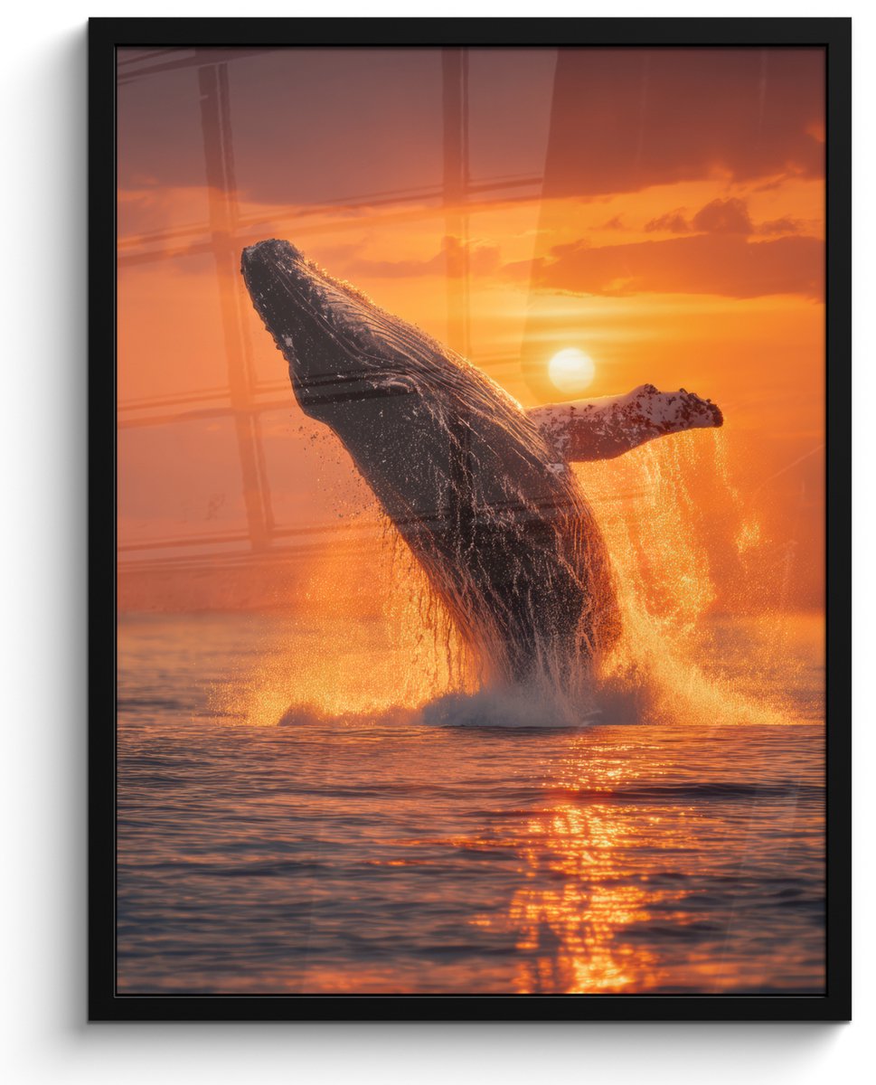 FrameYourWall Poster in lijst - Fotolijst 60x80 cm - Posters - Walvis - Zon - Zee - Posterlijst zwart - Decoratie - Wanddecoratie woonkamer - Muurdecoratie slaapkamer