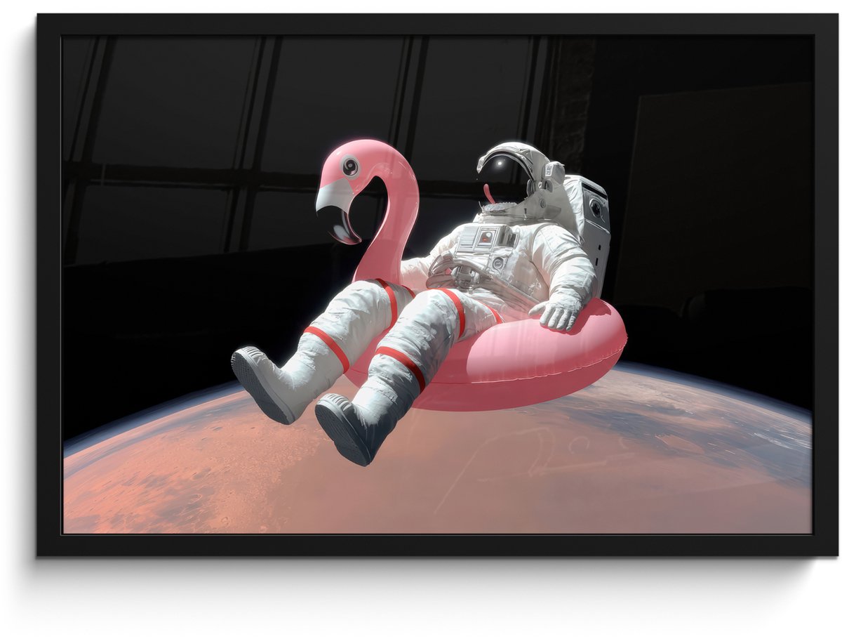 FrameYourWall Poster in lijst - Fotolijst 60x40 cm - Posters - Astronaut - Flamingo - Zwemband - Roze - Posterlijst zwart - Decoratie - Wanddecoratie woonkamer - Muurdecoratie slaapkamer