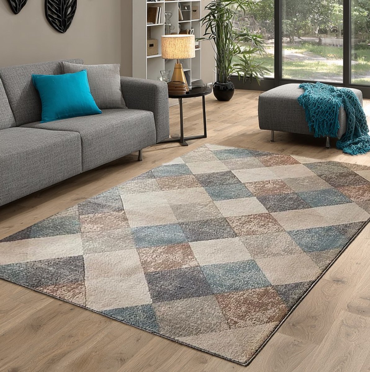 Flycarpets Terrain Vloerkleed - Beige / Blauw - Laagpolig Woonkamer Tapijt - 160x235 cm