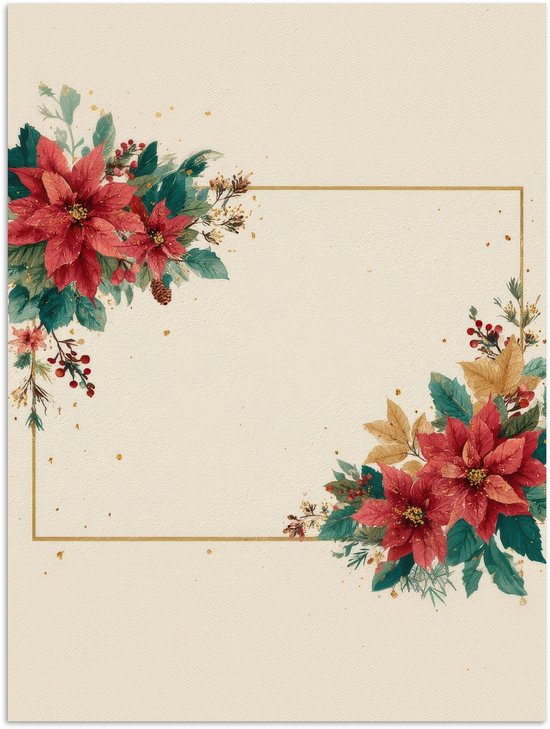Poster 60x80 cm - Kerst - Poinsettia - Omlijsting - Kleurrijk - Posters - Kamer decoratie - Wanddecoratie woonkamer - Muurdecoratie slaapkamer - Kerstversiering - Kerstdecoratie voor binnen - Kerstmis